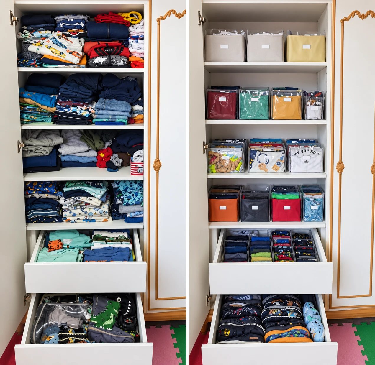 Antes e depois de um armário infantil: roupas amontoadas e, depois, separadas em cestos e gavetas com divisórias